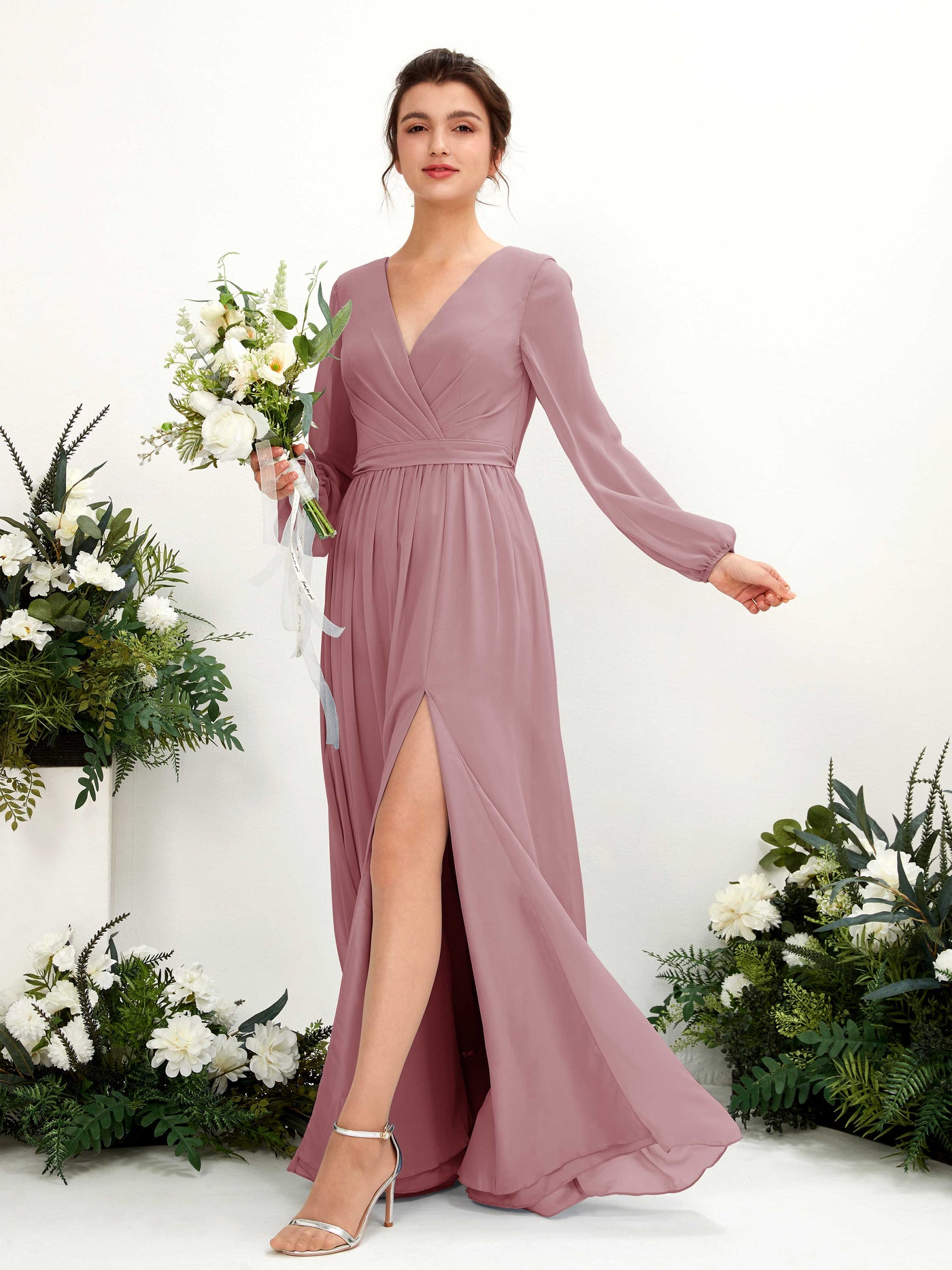 Carlyna Robe trapèze col V fente jambe manches longues longueur sol demoiselle d'honneur Mauve Vintage #couleur_mauve-vintage