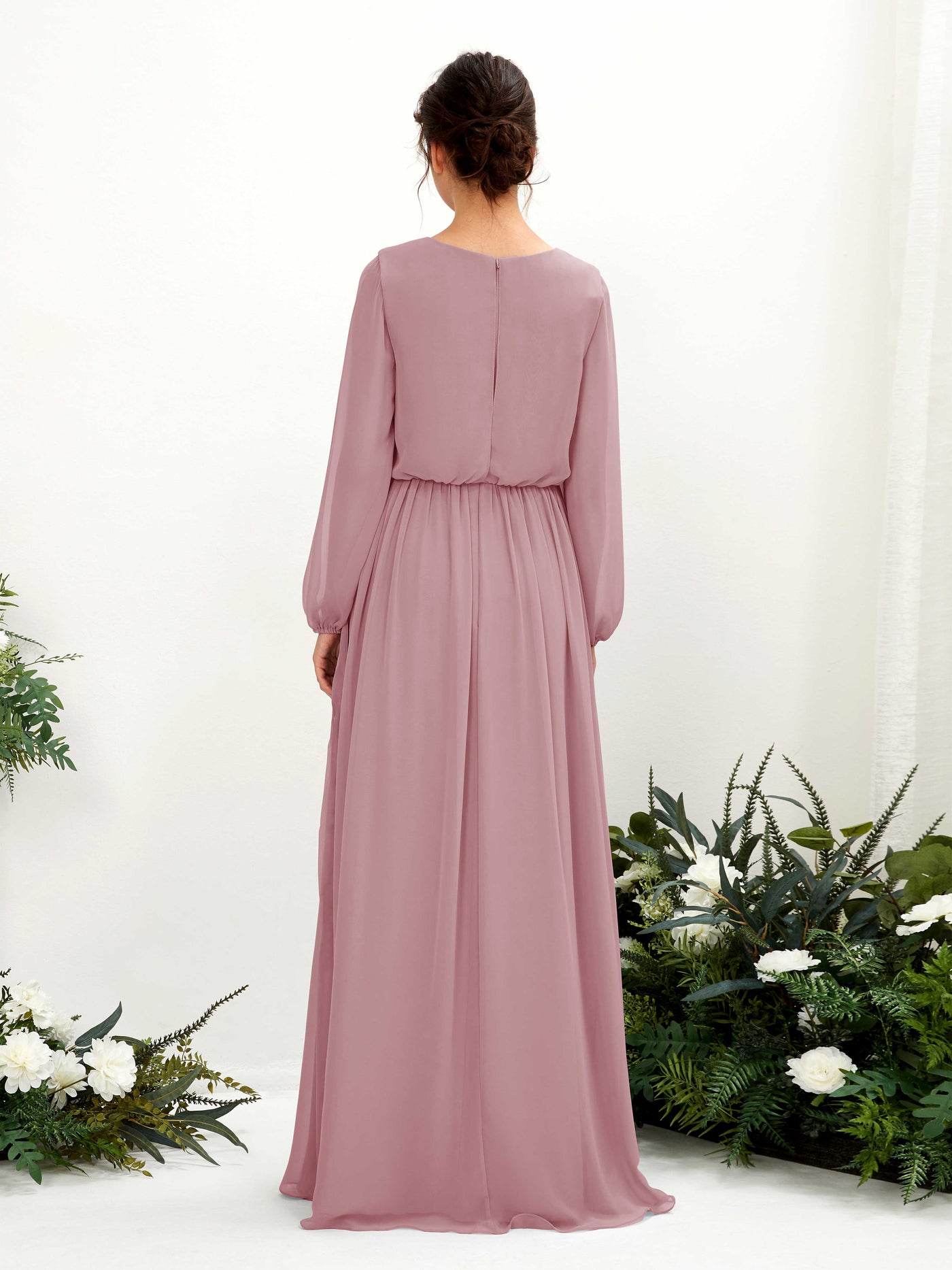 Carlyna Robe trapèze col V fente jambe manches longues longueur sol demoiselle d'honneur Mauve Vintage #couleur_mauve-vintage