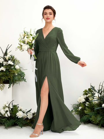 Carlyna Robe trapèze col V fente jambe manches longues longueur sol demoiselle d'honneur Olive Martini #couleur_olive-martini