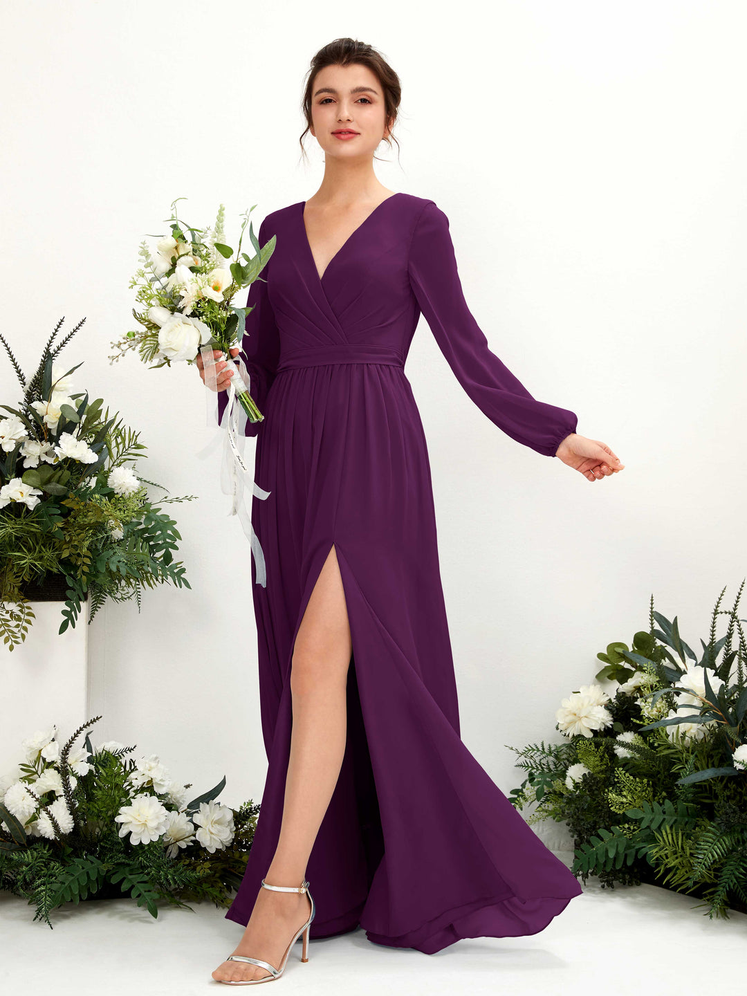 Carlyna Robe trapèze col V fente jambe manches longues longueur sol demoiselle d&