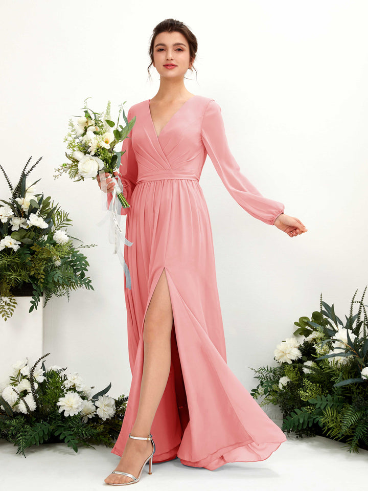 Carlyna Robe trapèze col V fente jambe manches longues longueur sol demoiselle d&