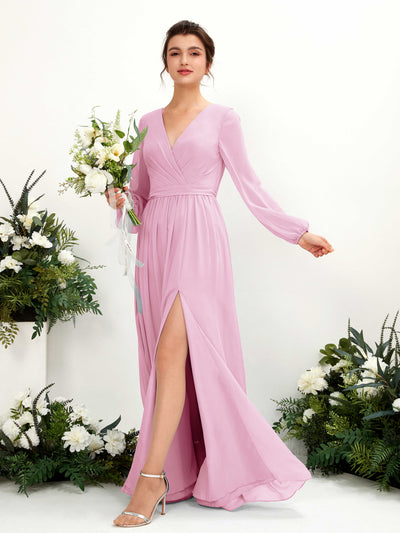Carlyna Robe trapèze col V fente jambe manches longues longueur sol demoiselle d'honneur Rose Bonbon #couleur_rose-bonbon