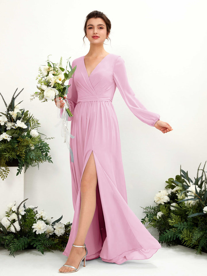 Carlyna Robe trapèze col V fente jambe manches longues longueur sol demoiselle d&