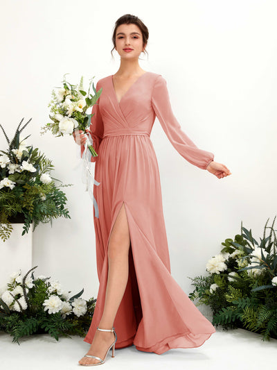Carlyna Robe trapèze col V fente jambe manches longues longueur sol demoiselle d'honneur Rose Champagne #couleur_rose-champagne