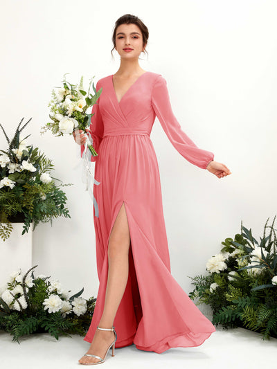 Carlyna Robe trapèze col V fente jambe manches longues longueur sol demoiselle d'honneur Rose Corail #couleur_rose-corail
