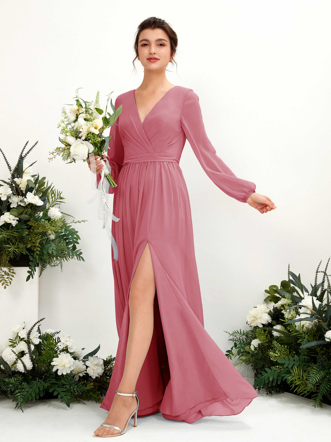 Carlyna Robe trapèze col V fente jambe manches longues longueur sol demoiselle d&