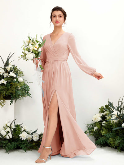 Carlyna Robe trapèze col V fente jambe manches longues longueur sol demoiselle d'honneur Rose Perle #couleur_rose-perle