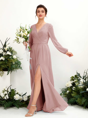 Carlyna Robe trapèze col V fente jambe manches longues longueur sol demoiselle d'honneur Rose Poussiéreux #couleur_rose-poussi-reux