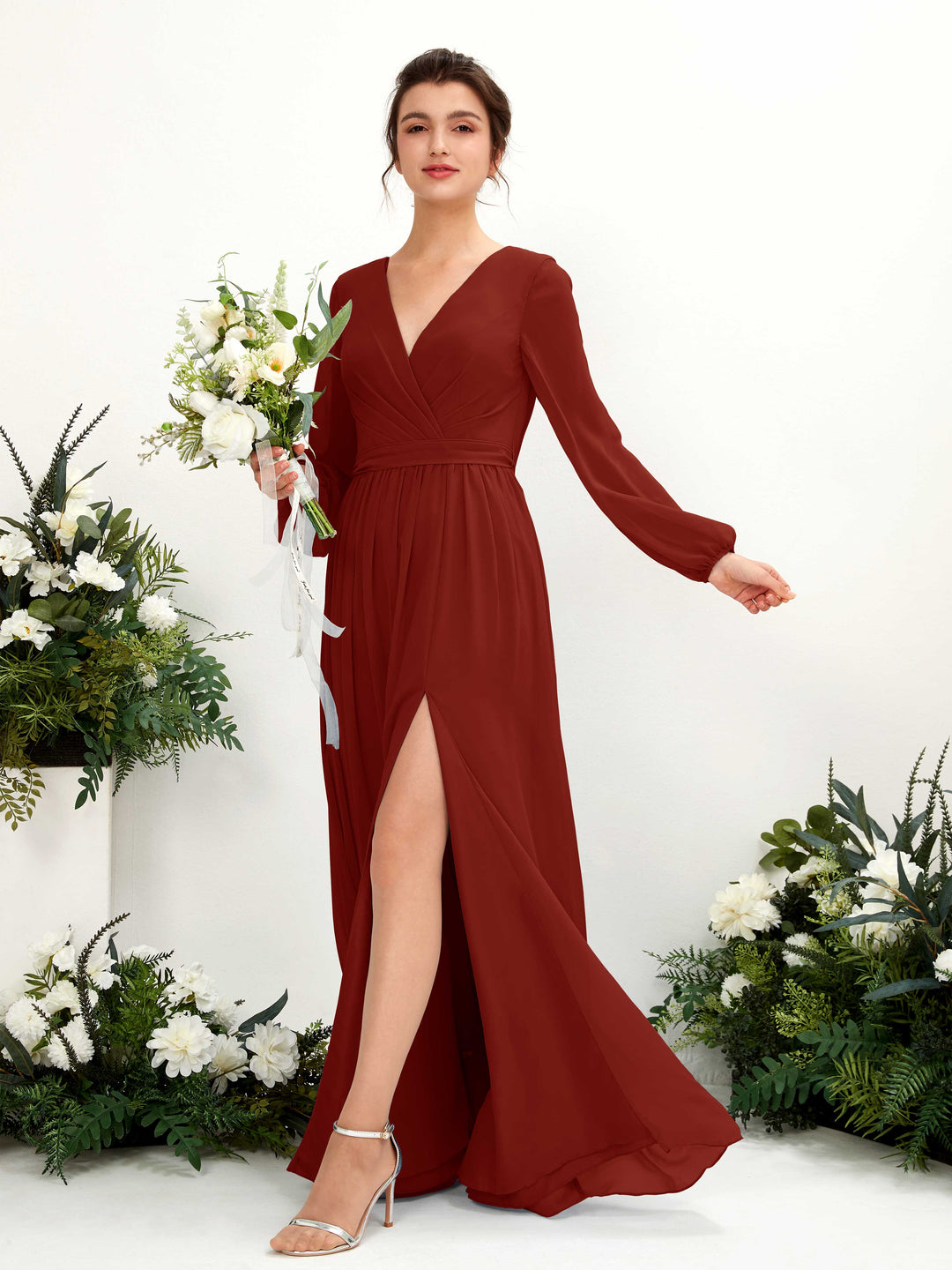 Carlyna Robe trapèze col V fente jambe manches longues longueur sol demoiselle d&