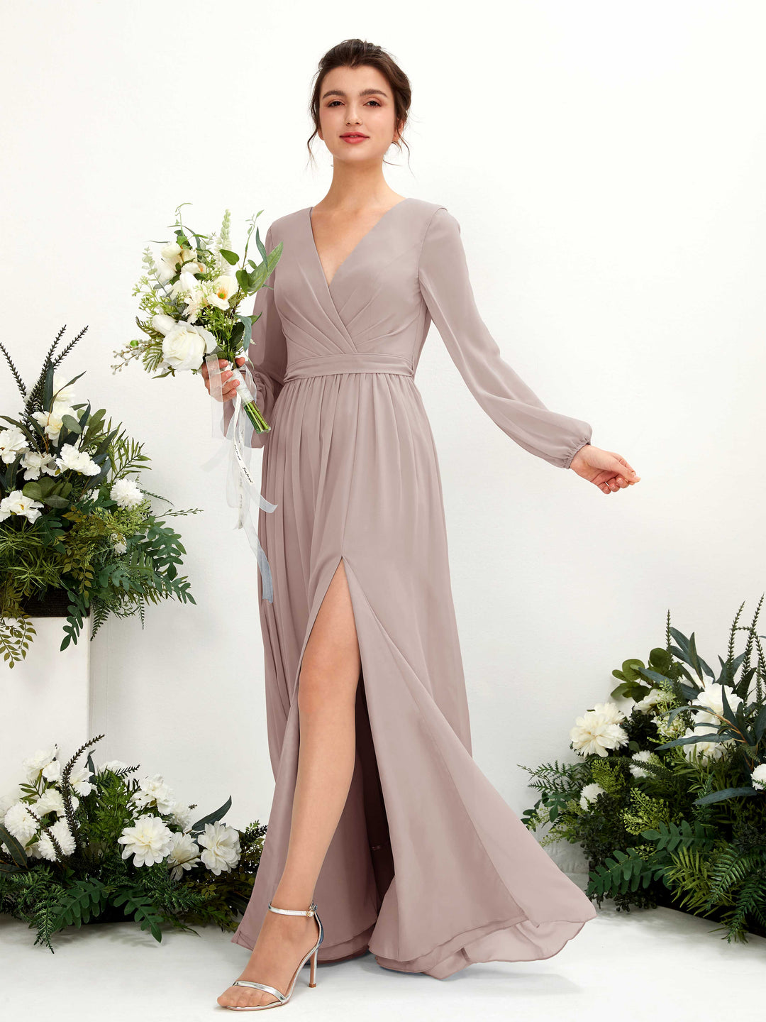 Carlyna Robe trapèze col V fente jambe manches longues longueur sol demoiselle d&