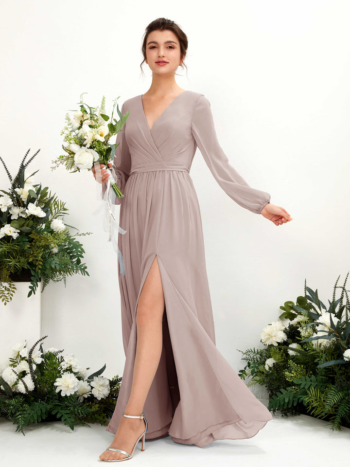 Carlyna Robe trapèze col V fente jambe manches longues longueur sol demoiselle d&