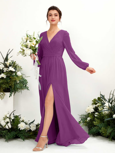 Carlyna Robe trapèze col V fente jambe manches longues longueur sol demoiselle d'honneur Violet #couleur_violet