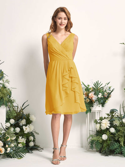 Carlyna Robe trapèze col V longueur genou mousseline demoiselle d'honneur Jaune Moutard #couleur_jaune-moutard
