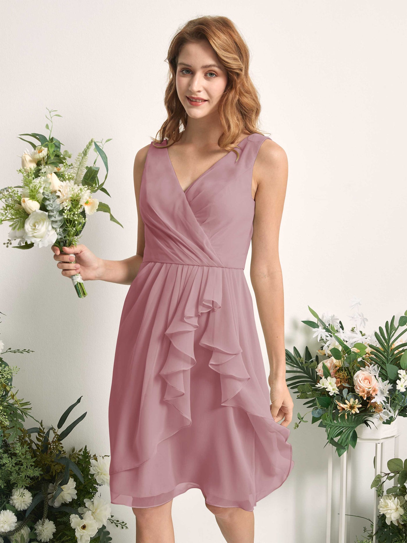 Carlyna Robe trapèze col V longueur genou mousseline demoiselle d'honneur Mauve Vintage #couleur_mauve-vintage