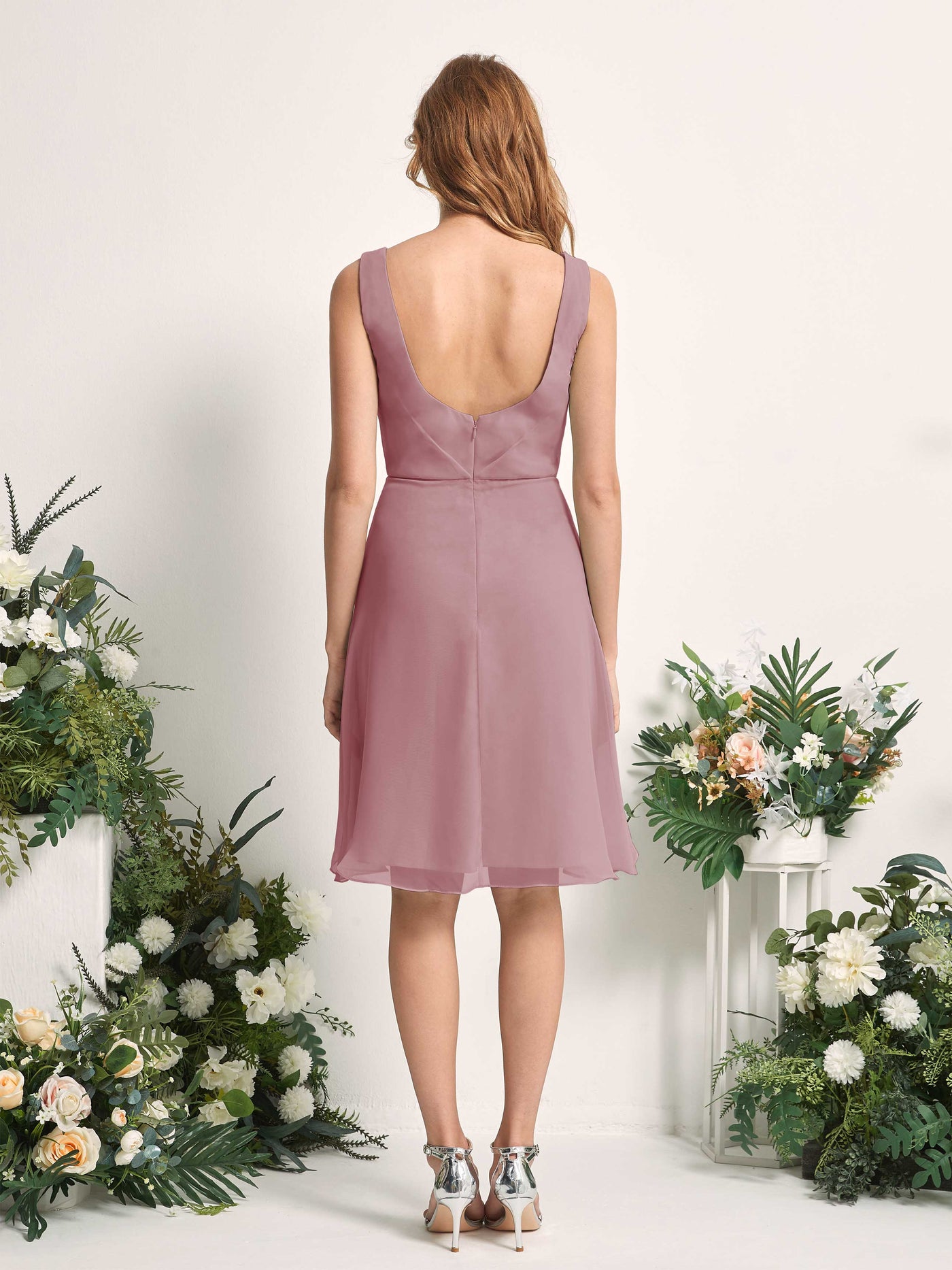 Carlyna Robe trapèze col V longueur genou mousseline demoiselle d'honneur Mauve Vintage #couleur_mauve-vintage