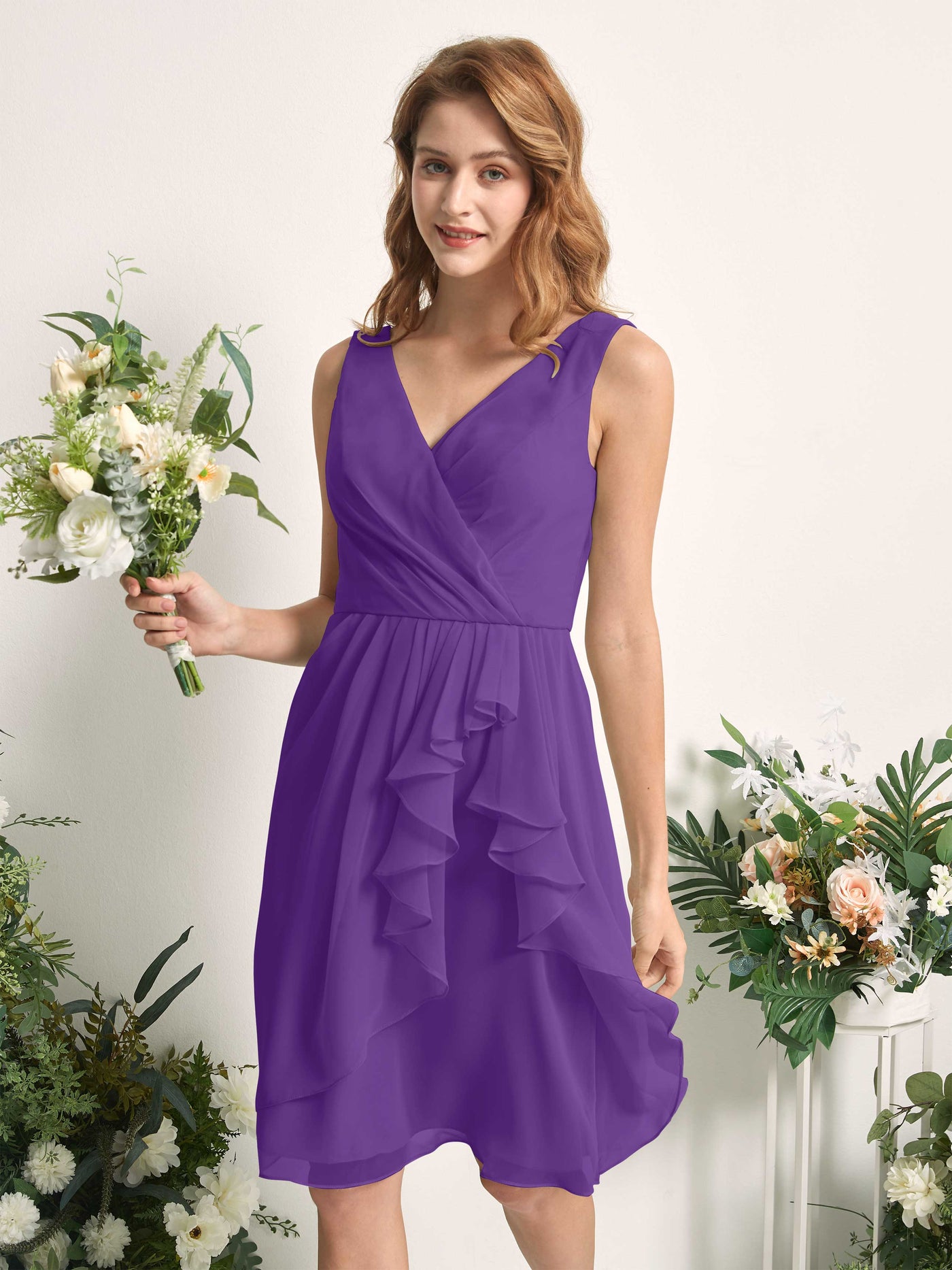 Carlyna Robe trapèze col V longueur genou mousseline demoiselle d'honneur Régence #couleur_r-gence