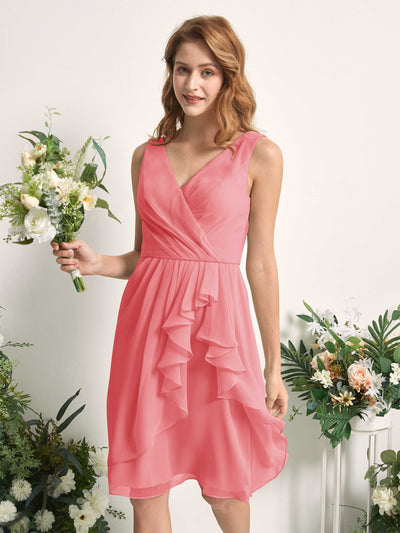 Carlyna Robe trapèze col V longueur genou mousseline demoiselle d'honneur Rose Corail #couleur_rose-corail
