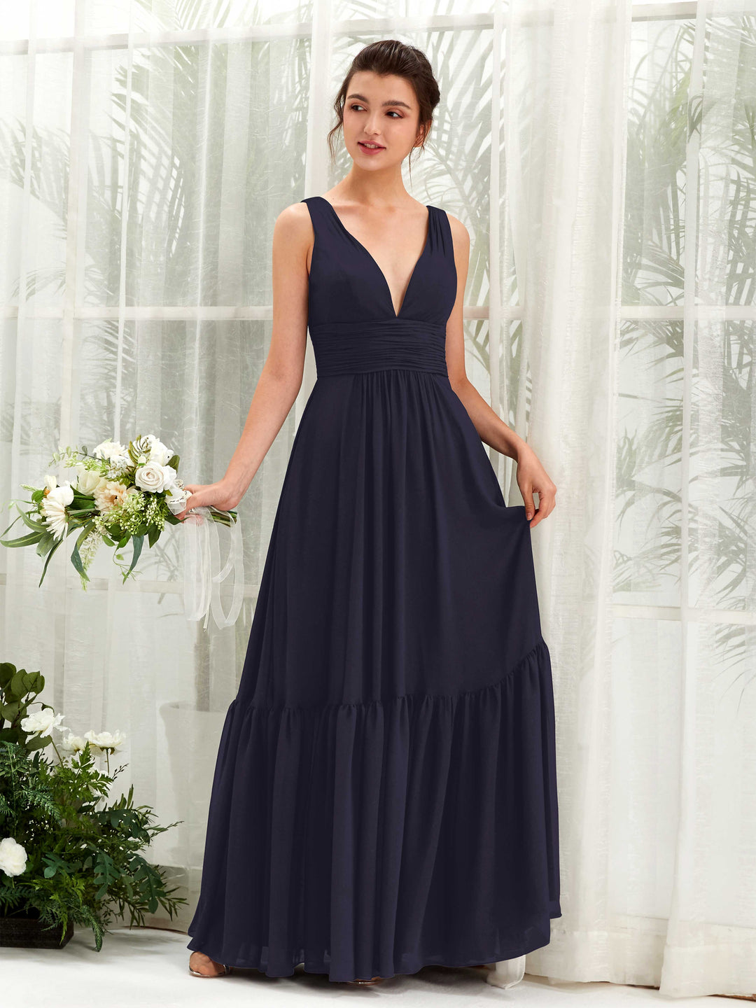 Carlyna Robe trapèze col V longueur ras du sol demoiselle d&