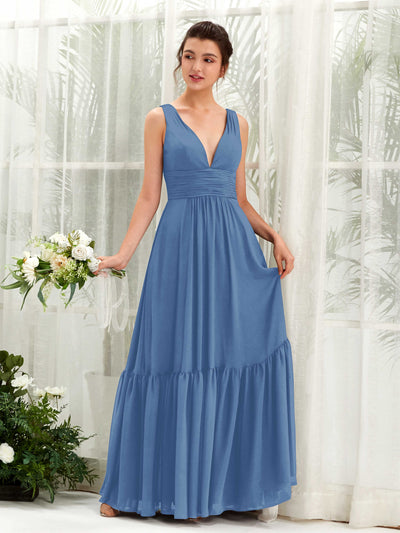 Carlyna Robe trapèze col V longueur ras du sol demoiselle d'honneur Bleu Poussiéreux #couleur_bleu-poussi-reux