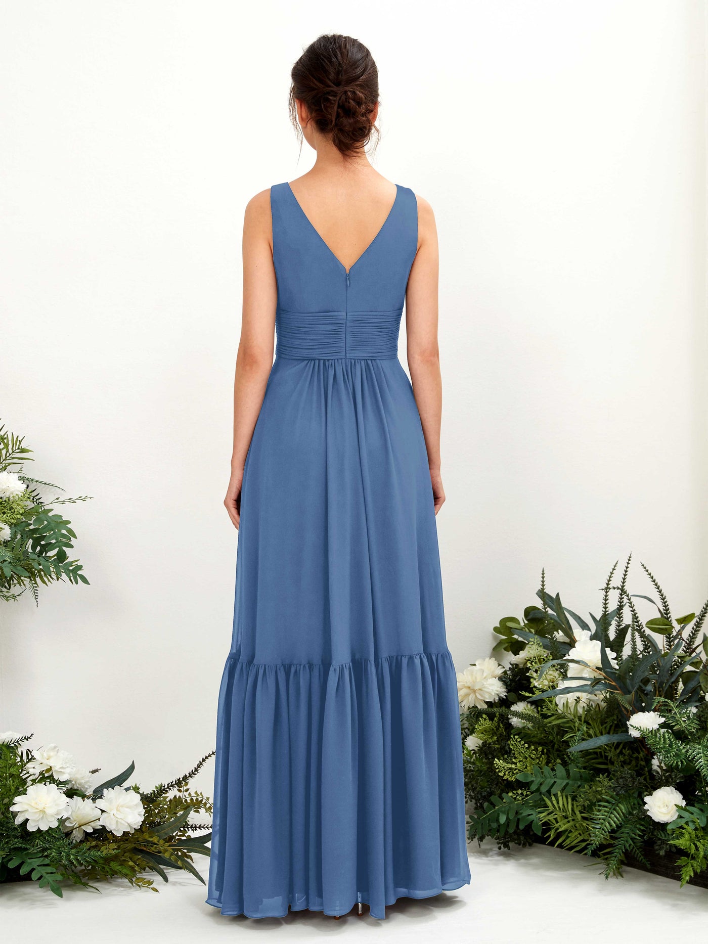 Carlyna Robe trapèze col V longueur ras du sol demoiselle d'honneur Bleu Poussiéreux #couleur_bleu-poussi-reux