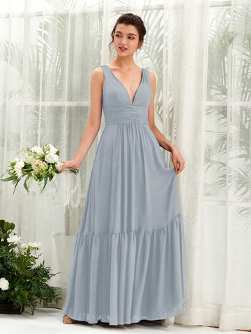 Carlyna Robe trapèze col V longueur ras du sol demoiselle d'honneur Bleu Poussiéreux Amélioré #couleur_bleu-poussi-reux-am-lior