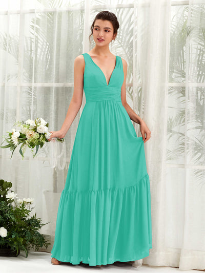 Carlyna Robe trapèze col V longueur ras du sol demoiselle d'honneur Bleu Tiffany #couleur_bleu-tiffany
