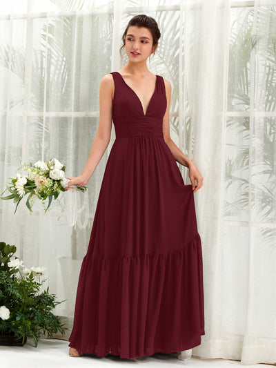 Carlyna Robe trapèze col V longueur ras du sol demoiselle d'honneur Bordeaux #couleur_bordeaux