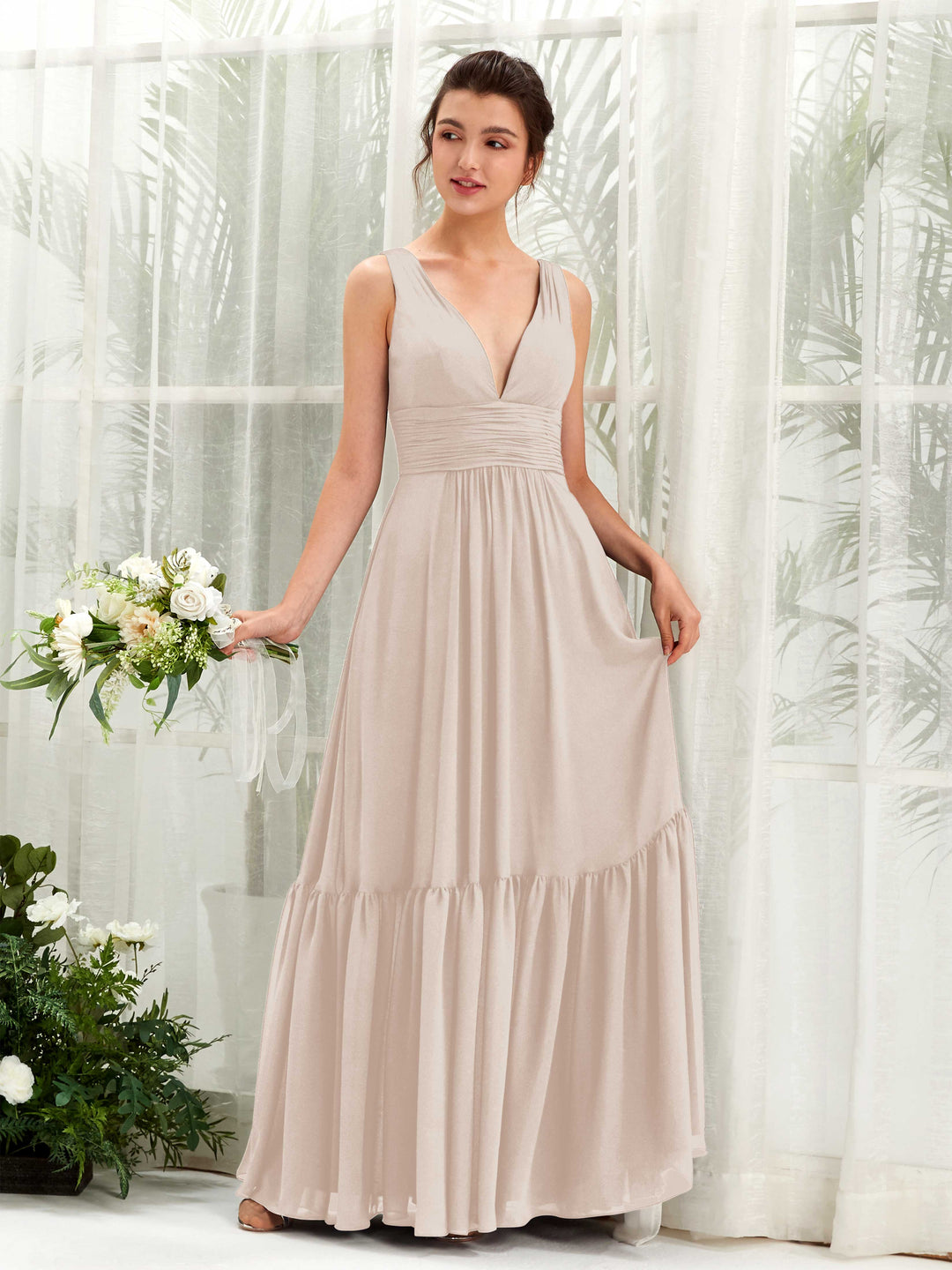 Carlyna Robe trapèze col V longueur ras du sol demoiselle d&