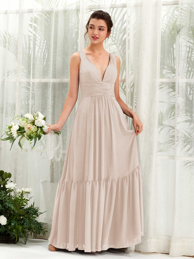 Carlyna Robe trapèze col V longueur ras du sol demoiselle d'honneur Champagne #couleur_champagne