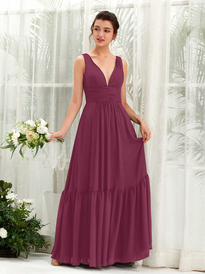 Carlyna Robe trapèze col V longueur ras du sol demoiselle d'honneur Chianti #couleur_chianti