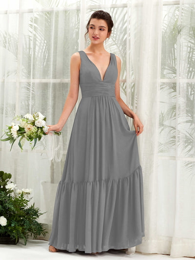 Carlyna Robe trapèze col V longueur ras du sol demoiselle d'honneur Gris Acier #couleur_gris-acier