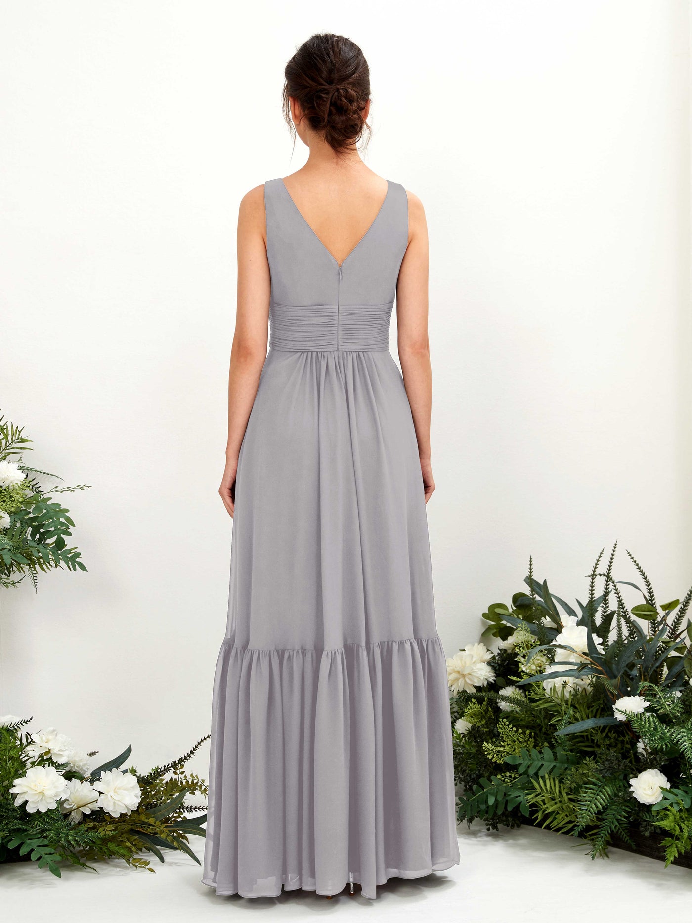 Carlyna Robe trapèze col V longueur ras du sol demoiselle d'honneur Gris Boussole #couleur_gris-boussole