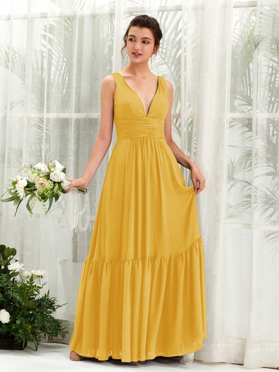 Carlyna Robe trapèze col V longueur ras du sol demoiselle d'honneur Jaune Moutard #couleur_jaune-moutard