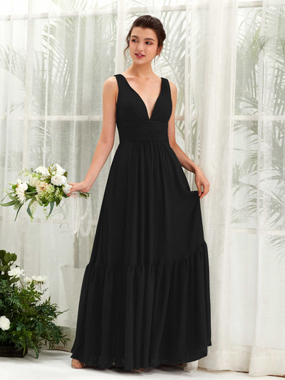 Carlyna Robe trapèze col V longueur ras du sol demoiselle d'honneur Noir #couleur_noir
