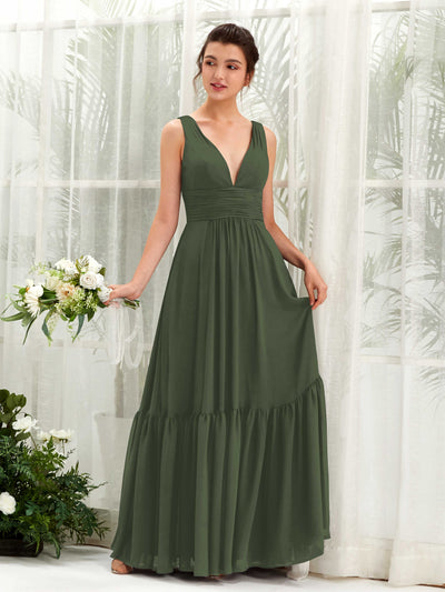 Carlyna Robe trapèze col V longueur ras du sol demoiselle d'honneur Olive Martini #couleur_olive-martini