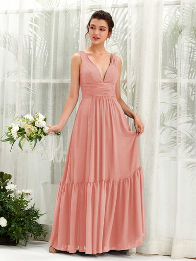 Carlyna Robe trapèze col V longueur ras du sol demoiselle d'honneur Rose Champagne #couleur_rose-champagne