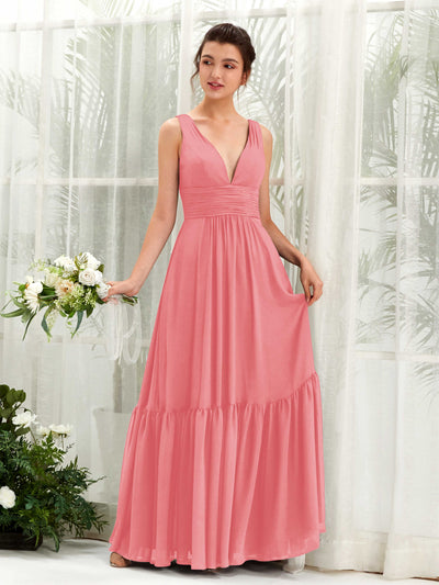 Carlyna Robe trapèze col V longueur ras du sol demoiselle d'honneur Rose Corail #couleur_rose-corail