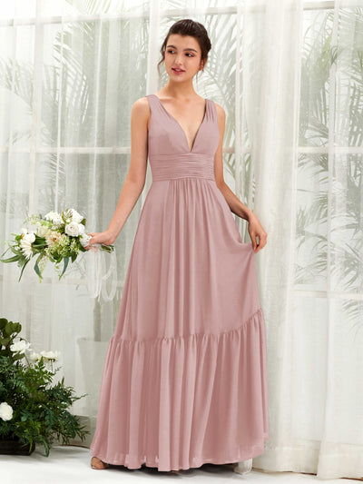 Carlyna Robe trapèze col V longueur ras du sol demoiselle d'honneur Rose Poussiéreux #couleur_rose-poussi-reux
