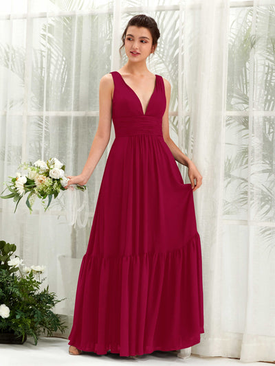 Carlyna Robe trapèze col V longueur ras du sol demoiselle d'honneur Rouge Bouffon #couleur_rouge-bouffon