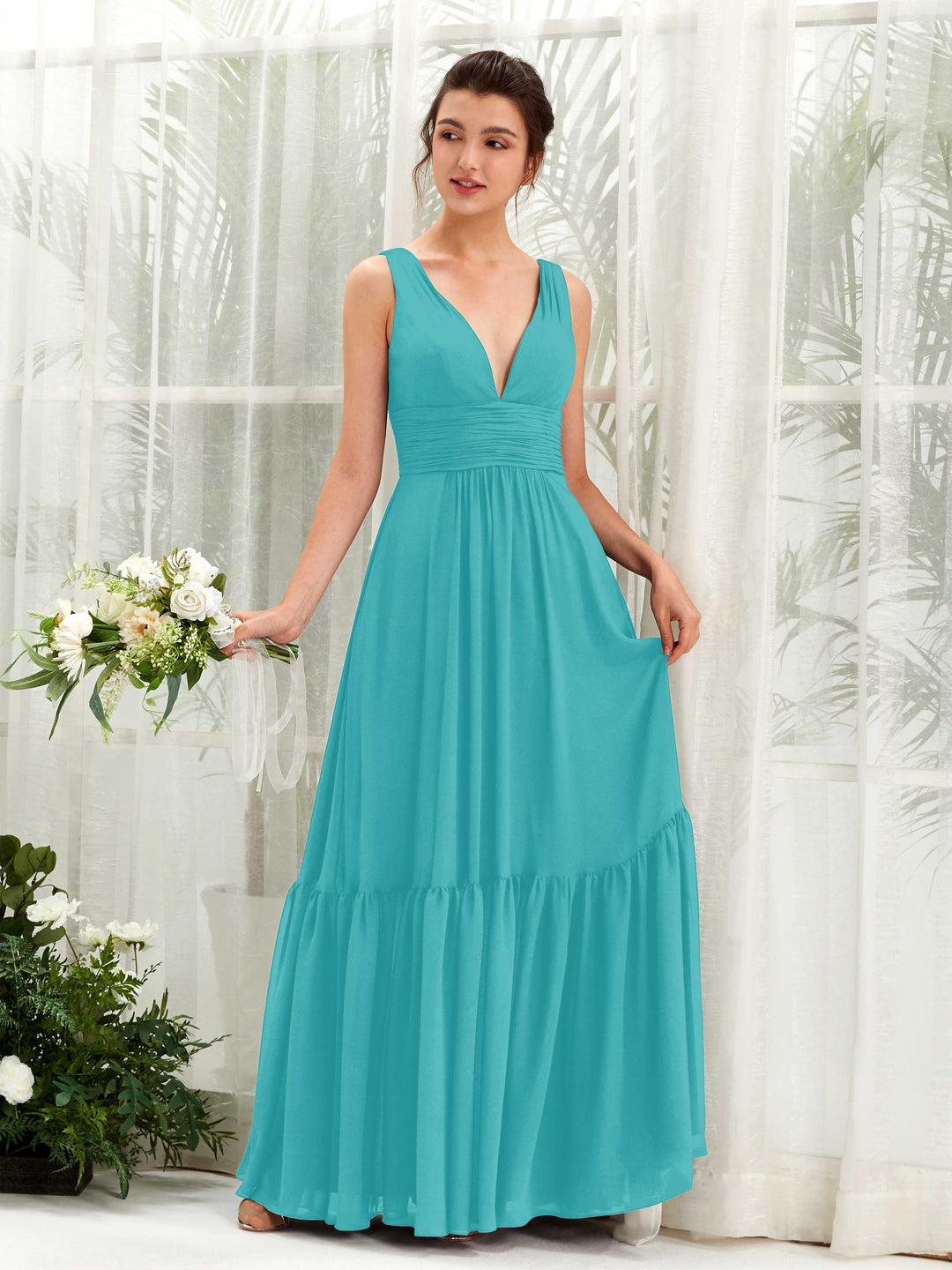 Carlyna Robe trapèze col V longueur ras du sol demoiselle d&