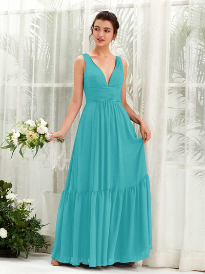 Carlyna Robe trapèze col V longueur ras du sol demoiselle d'honneur Turquoise #couleur_turquoise