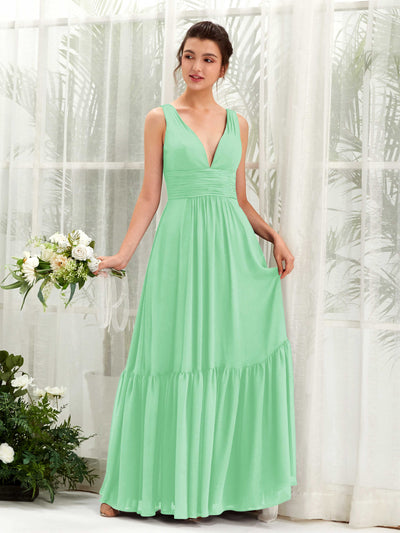 Carlyna Robe trapèze col V longueur ras du sol demoiselle d'honneur Vert Menthe #couleur_vert-menthe