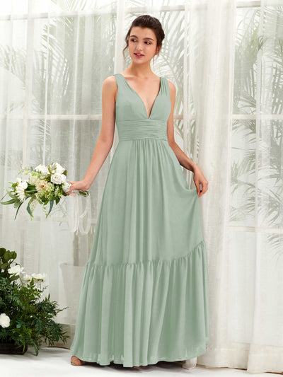 Carlyna Robe trapèze col V longueur ras du sol demoiselle d'honneur Vert Sauge Foncé #couleur_vert-sauge-fonc