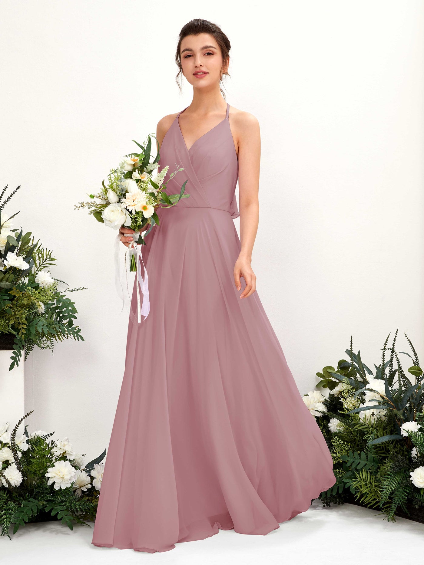 Carlyna Robe Trapèze Col V Longueur ras du sol Fente sur la jambe Demoiselle d'honneur Mauve Vintage #couleur_mauve-vintage