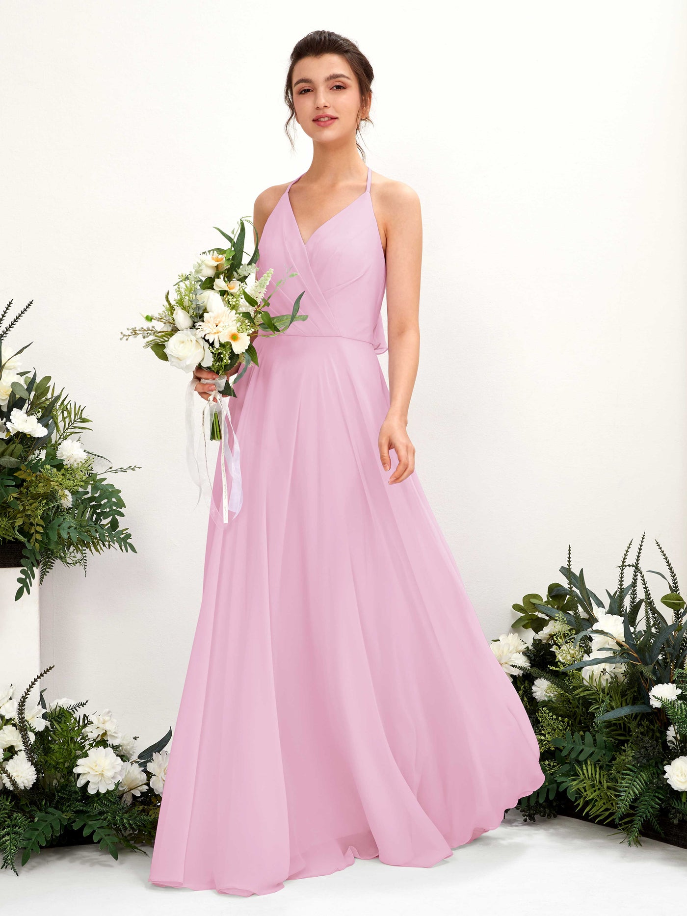 Carlyna Robe Trapèze Col V Longueur ras du sol Fente sur la jambe Demoiselle d'honneur Rose Bonbon #couleur_rose-bonbon