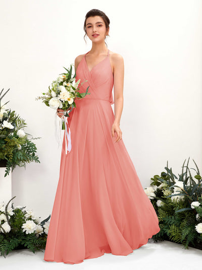 Carlyna Robe Trapèze Col V Longueur ras du sol Fente sur la jambe Demoiselle d'honneur Rose Pêche #couleur_rose-p-che