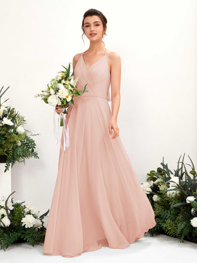 Carlyna Robe Trapèze Col V Longueur ras du sol Fente sur la jambe Demoiselle d'honneur Rose Perle #couleur_rose-perle