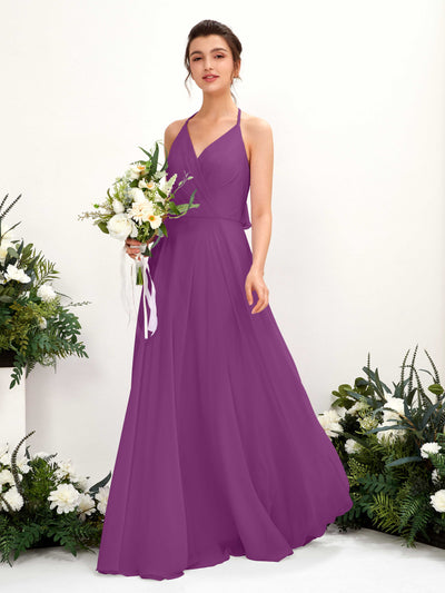 Carlyna Robe Trapèze Col V Longueur ras du sol Fente sur la jambe Demoiselle d'honneur Violet #couleur_violet