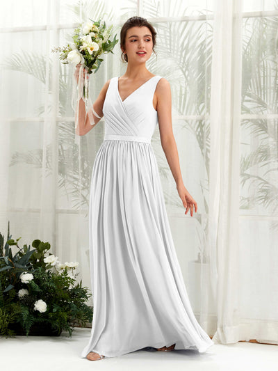 Carlyna Robe trapèze col V longueur ras du sol froncé demoiselle d'honneur Blanc #couleur_blanc