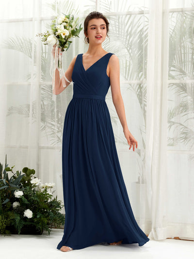 Carlyna Robe trapèze col V longueur ras du sol froncé demoiselle d'honneur Bleu Marine #couleur_bleu-marine